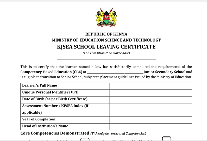 KJSEA SCHOOL LEAVING CERTIFICATE